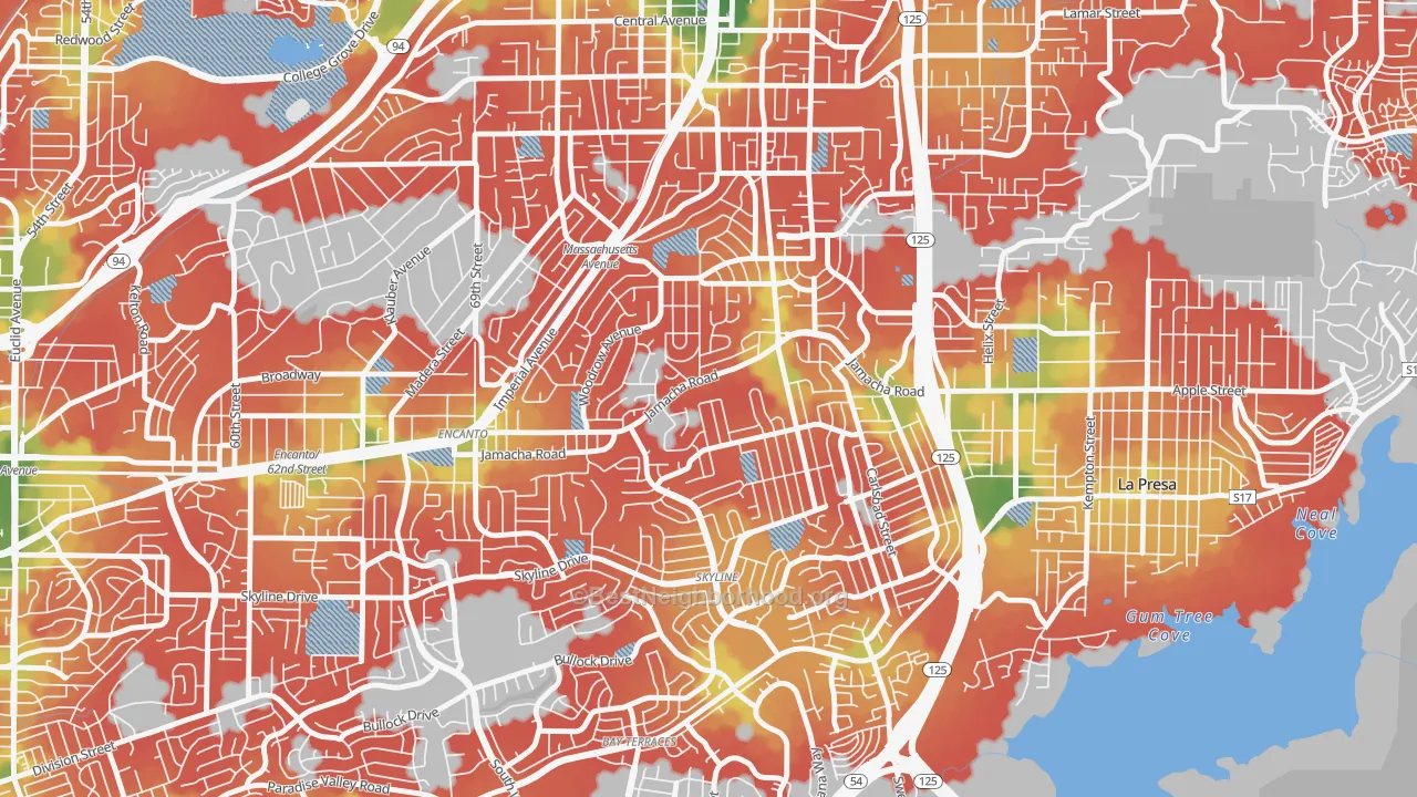 Walk Grade map of Jomacha-Lomita, San Diego, CA, walkable areas in green and car-dependent areas in red
