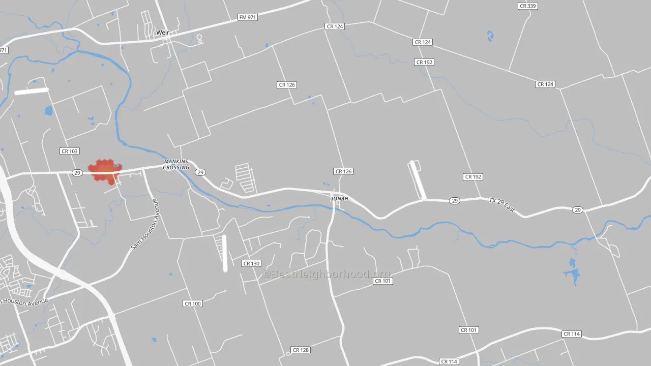 Walk Grade map of Jonah, TX, walkable areas in green and car-dependent areas in red