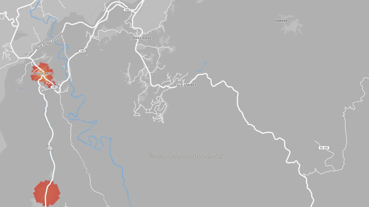 Walk Grade map of Jonas Ridge, NC, walkable areas in green and car-dependent areas in red