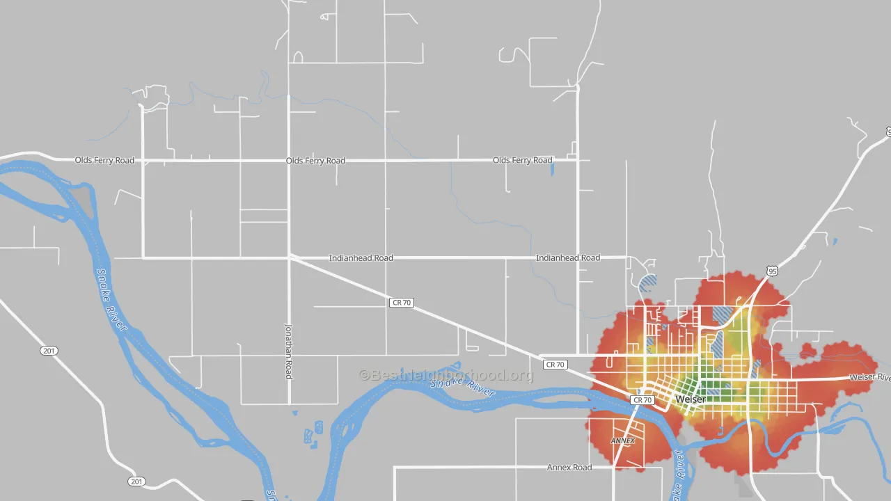 Walk Grade map of Jonathan, ID, walkable areas in green and car-dependent areas in red