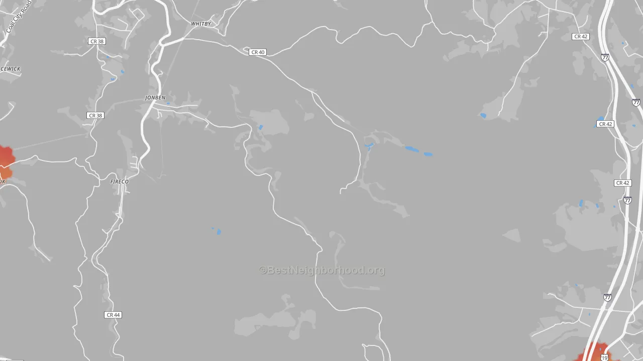 Walk Grade map of Jonben, WV, walkable areas in green and car-dependent areas in red