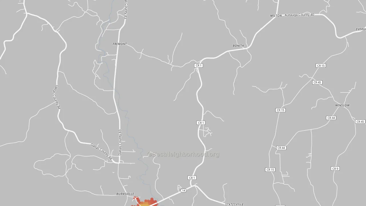 Walk Grade map of Jones, AL, walkable areas in green and car-dependent areas in red