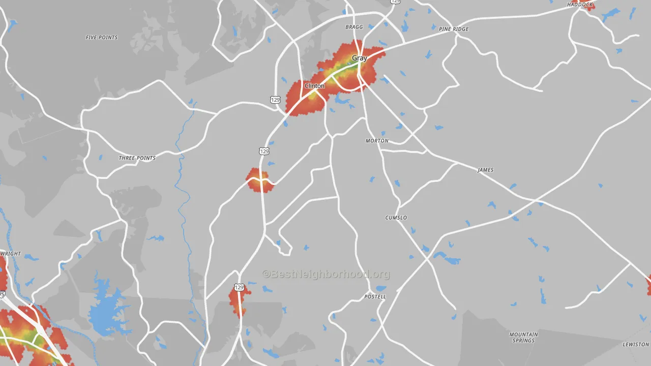 Walk Grade map of Jones County, GA, walkable areas in green and car-dependent areas in red