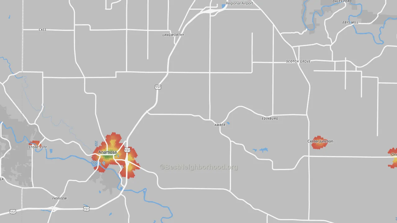 Walk Grade map of Jones County, IA, walkable areas in green and car-dependent areas in red