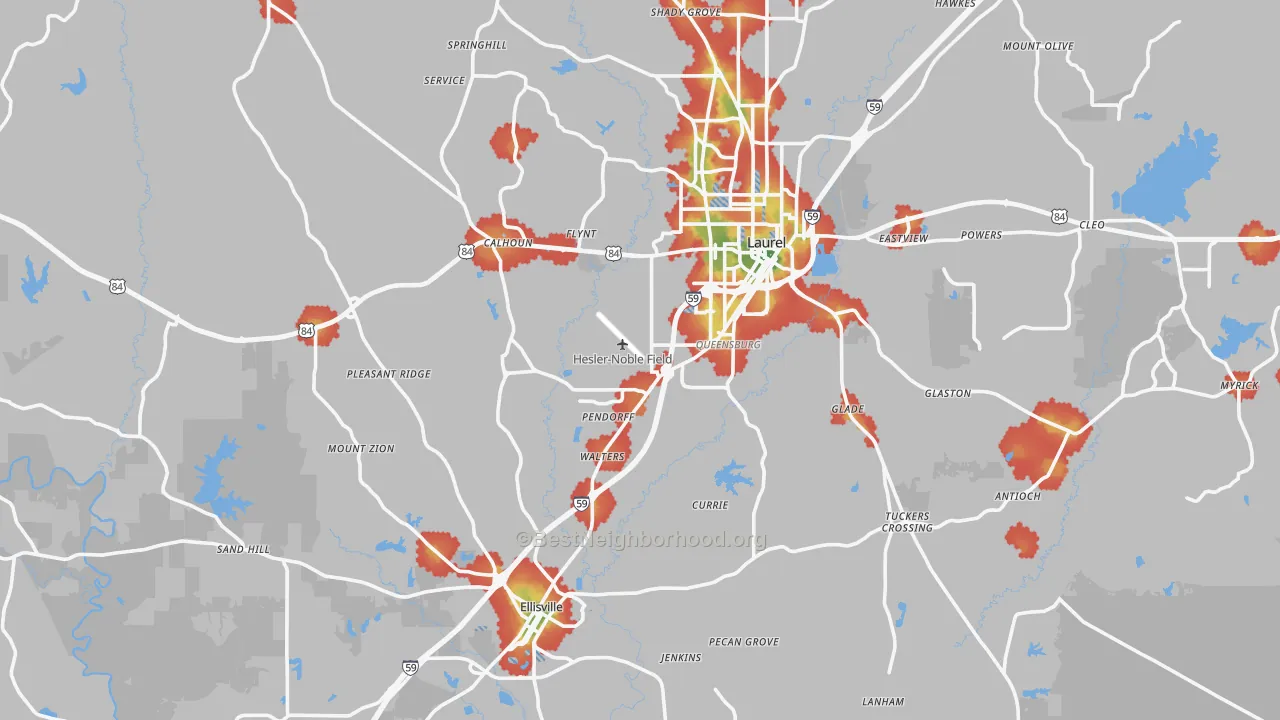 Walk Grade map of Jones County, MS, walkable areas in green and car-dependent areas in red