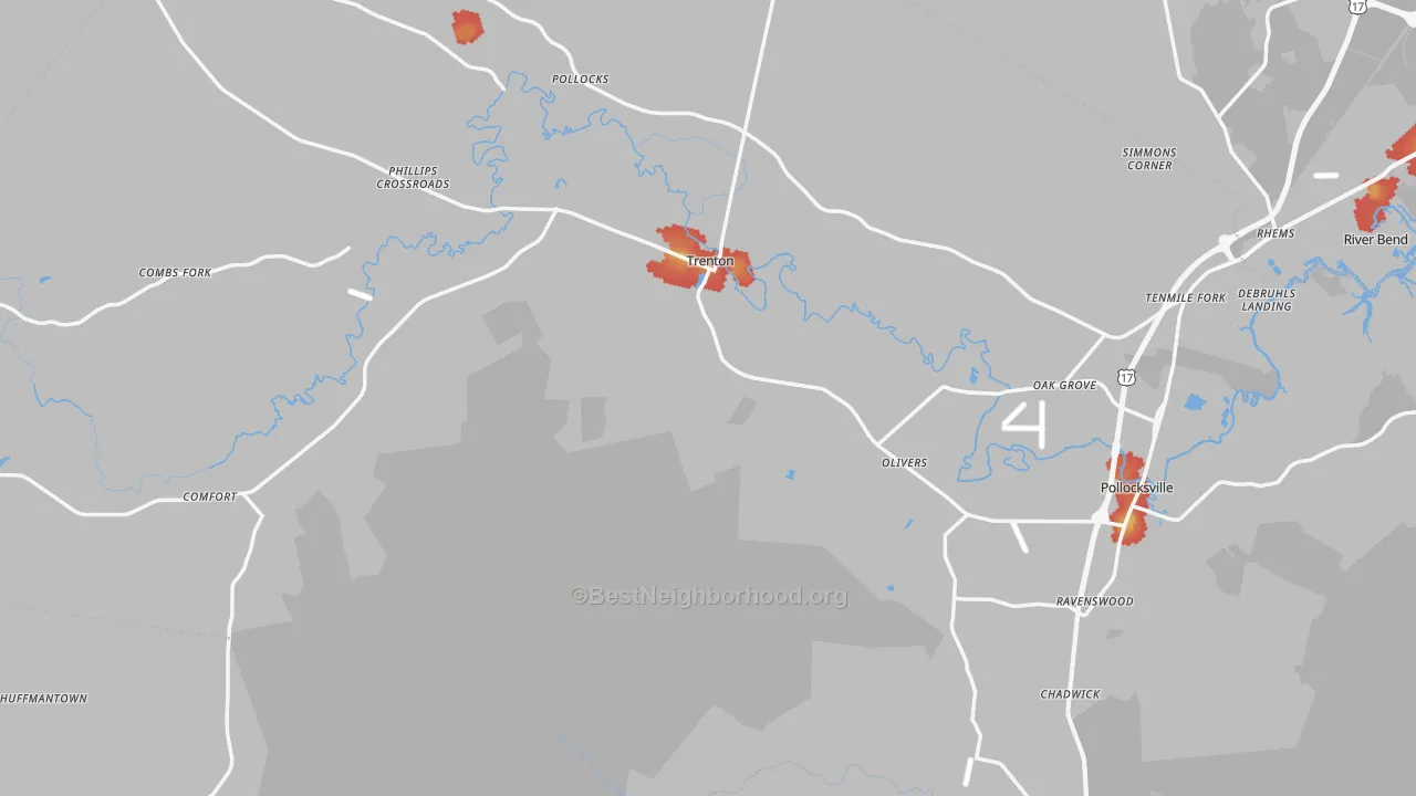 Walk Grade map of Jones County, NC, walkable areas in green and car-dependent areas in red