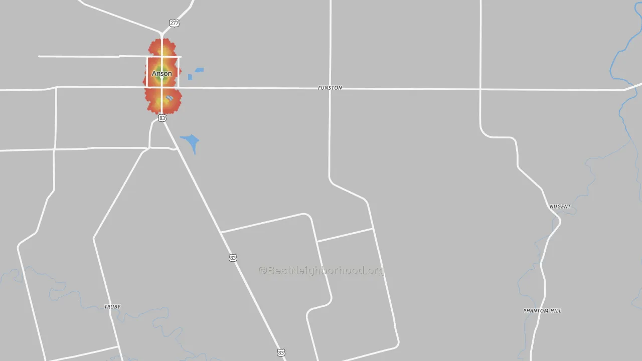 Walk Grade map of Jones County, TX, walkable areas in green and car-dependent areas in red
