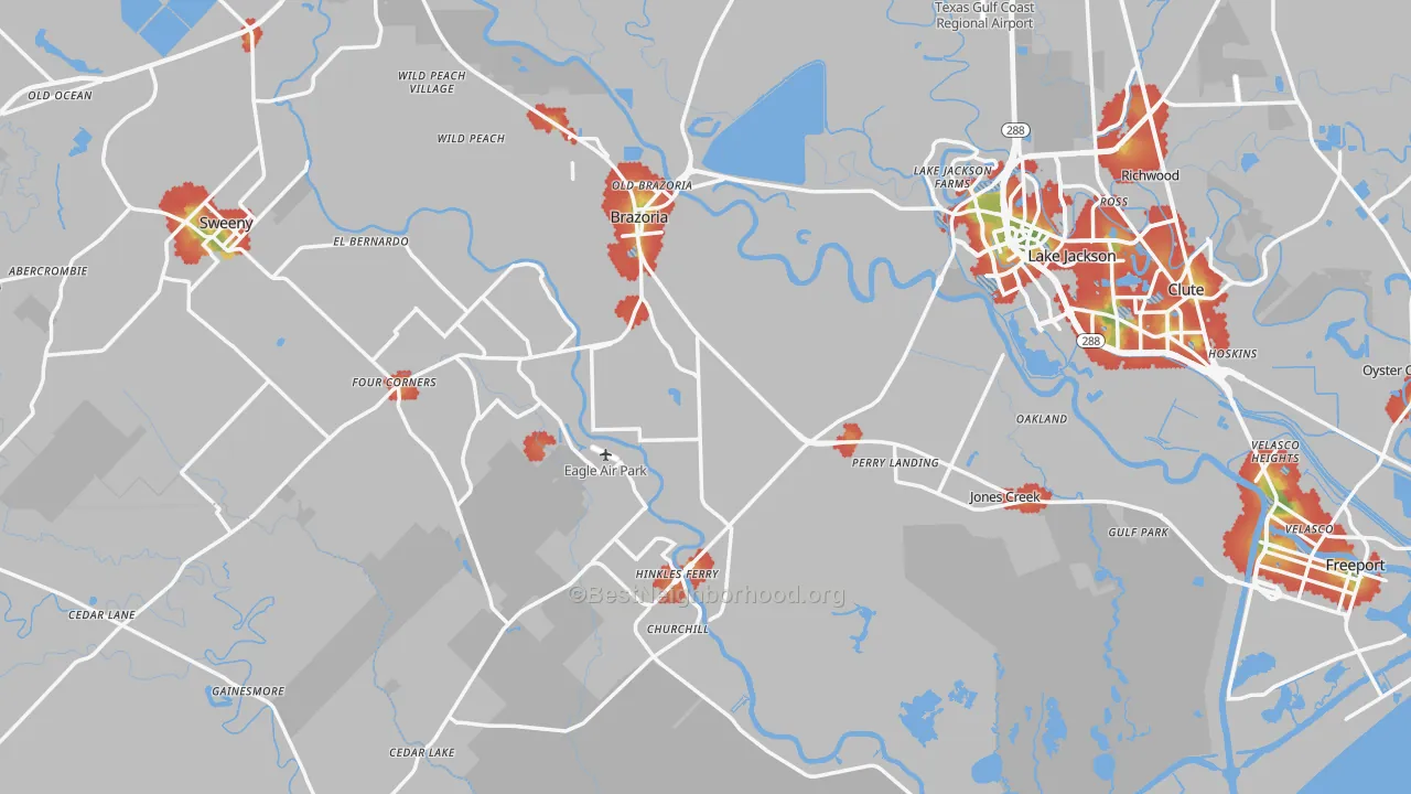 Walk Grade map of Jones Creek, TX, walkable areas in green and car-dependent areas in red