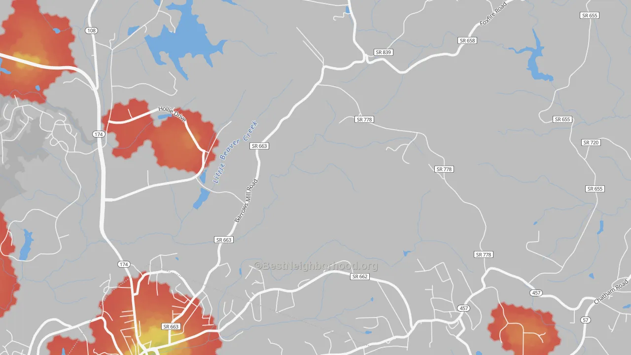 Walk Grade map of Jones Creek, VA, walkable areas in green and car-dependent areas in red