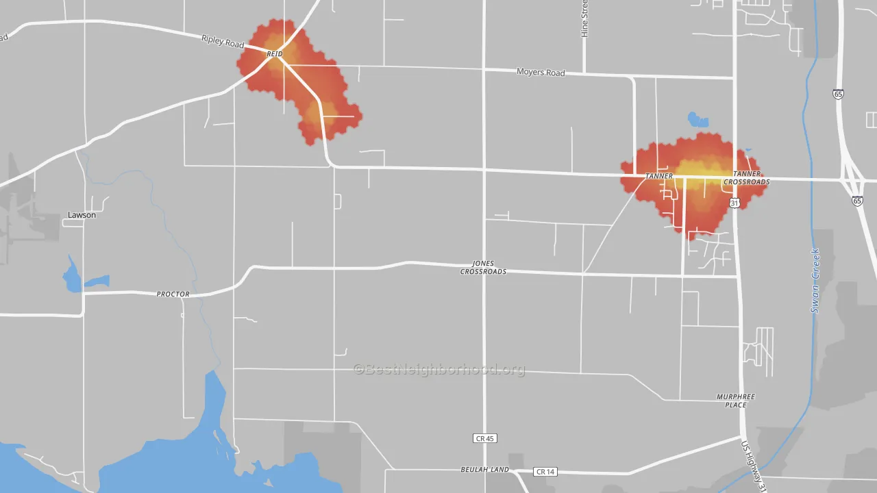 Walk Grade map of Jones Crossroads, AL, walkable areas in green and car-dependent areas in red