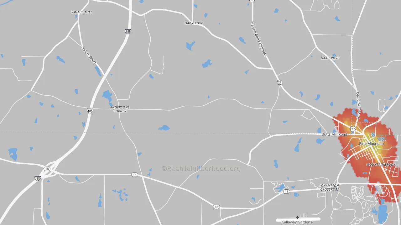 Walk Grade map of Jones Crossroads, GA, walkable areas in green and car-dependent areas in red