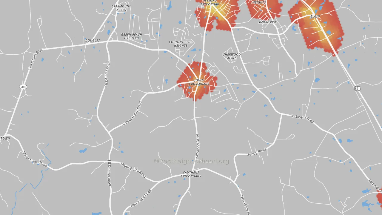 Walk Grade map of Jones Crossroads, SC, walkable areas in green and car-dependent areas in red