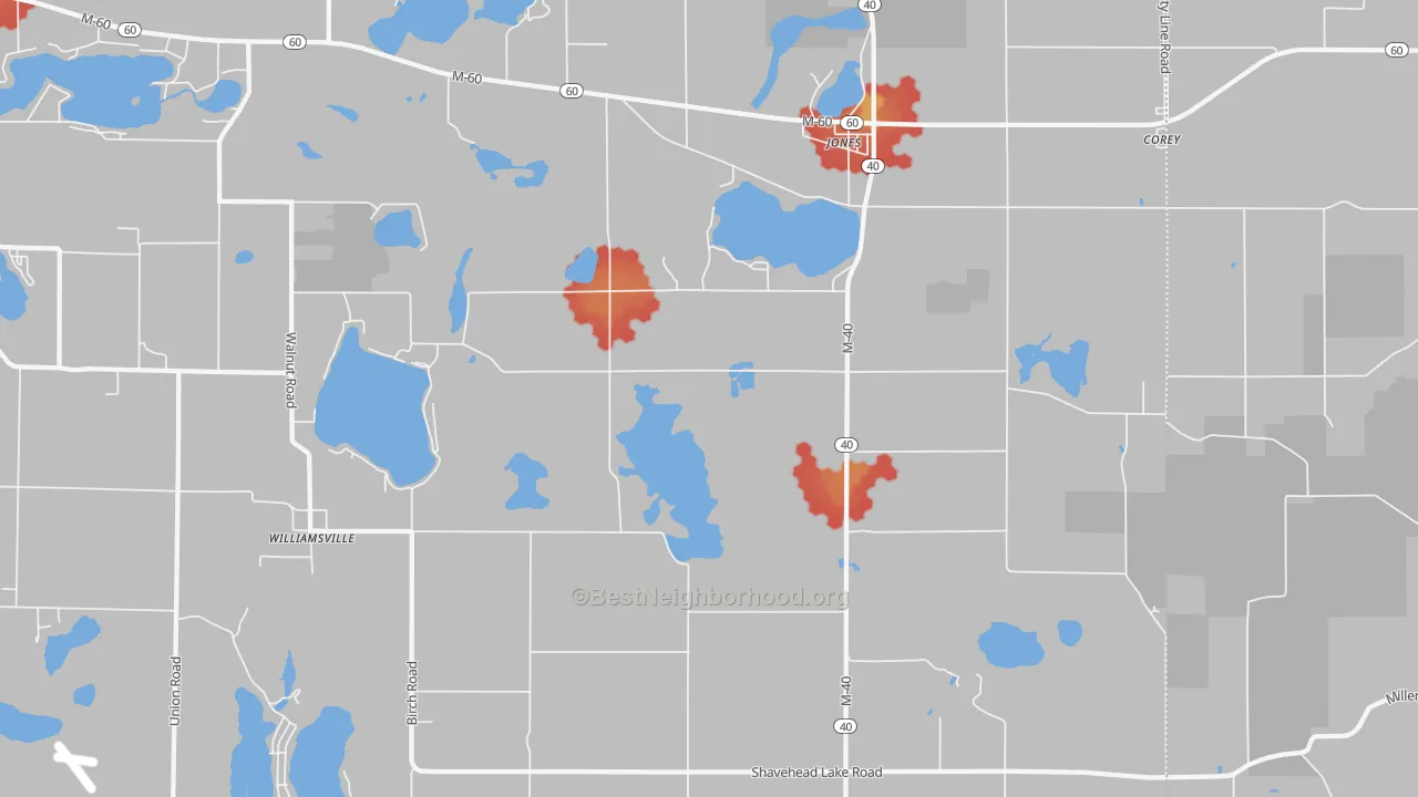Walk Grade map of Jones, MI, walkable areas in green and car-dependent areas in red