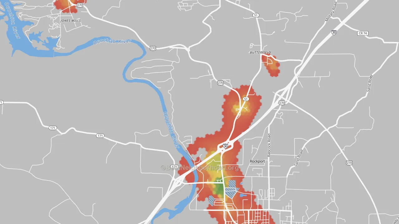 Walk Grade map of Jones Mill, AR, walkable areas in green and car-dependent areas in red