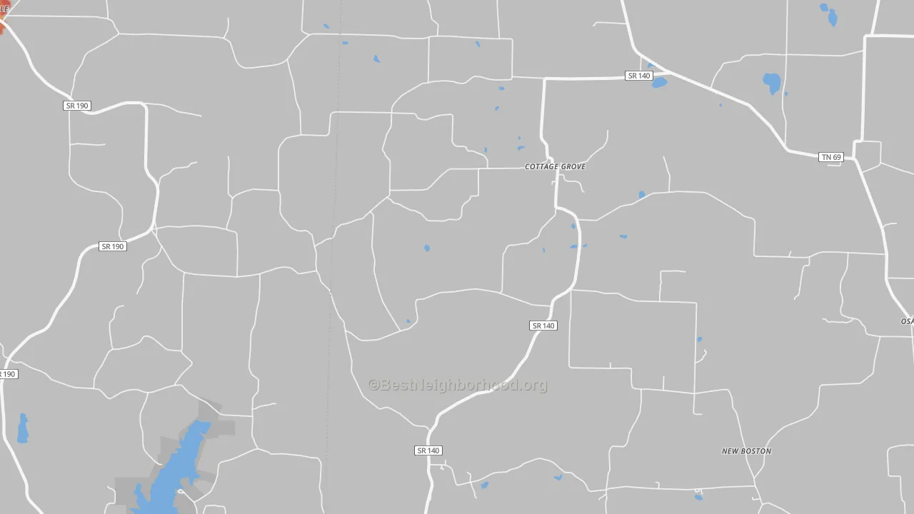 Walk Grade map of Jones Mill, TN, walkable areas in green and car-dependent areas in red
