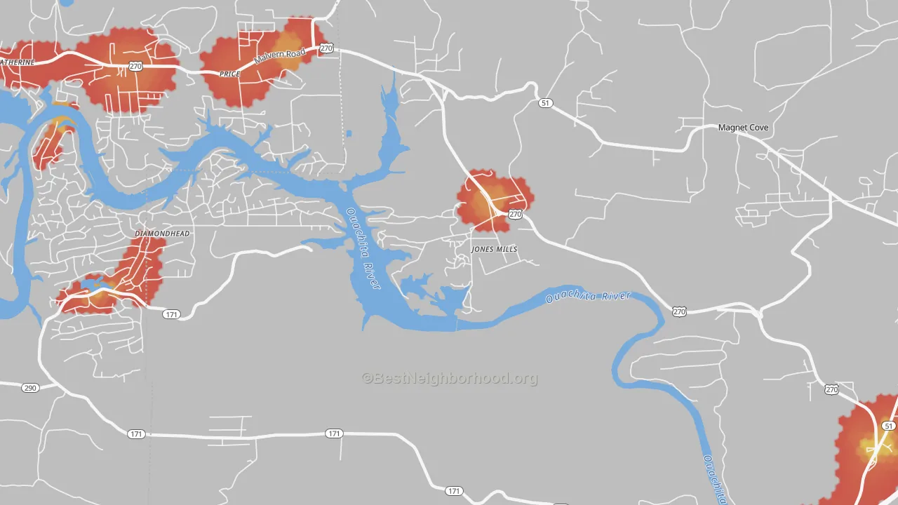 Walk Grade map of Jones Mills, AR, walkable areas in green and car-dependent areas in red
