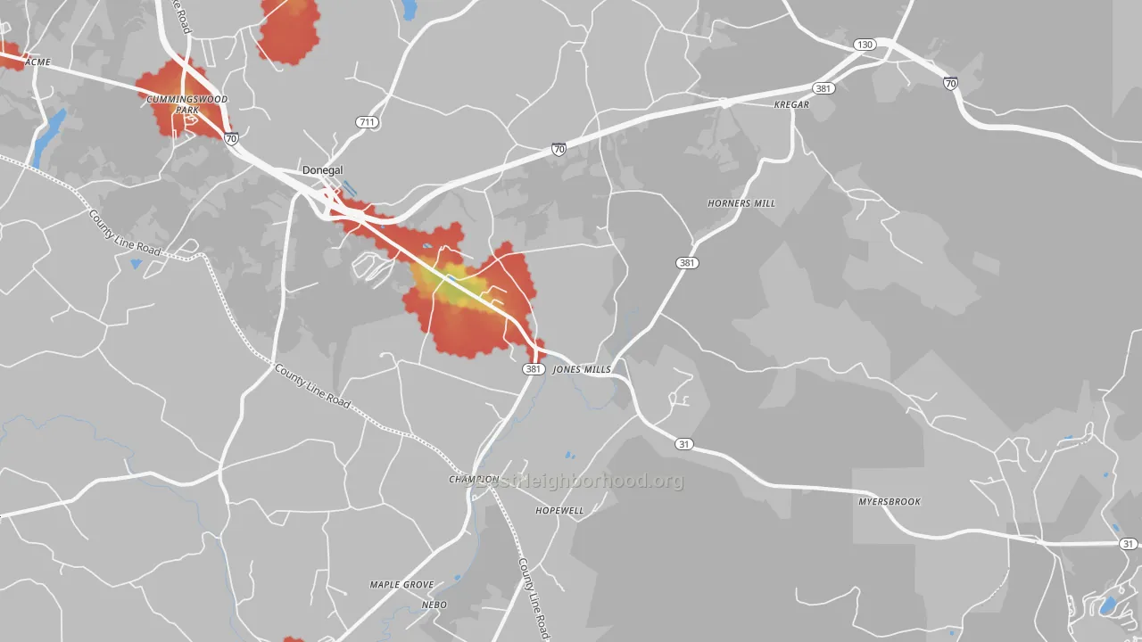 Walk Grade map of Jones Mills, PA, walkable areas in green and car-dependent areas in red