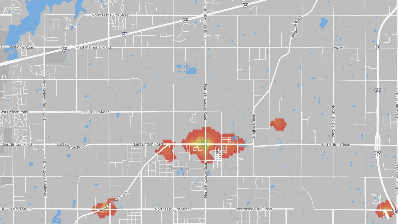 Walk Grade map of Jones, OK, walkable areas in green and car-dependent areas in red