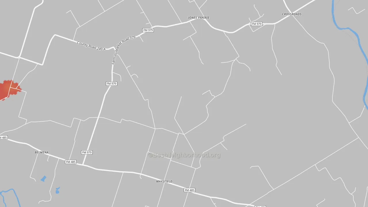 Walk Grade map of Jones Prairie, TX, walkable areas in green and car-dependent areas in red