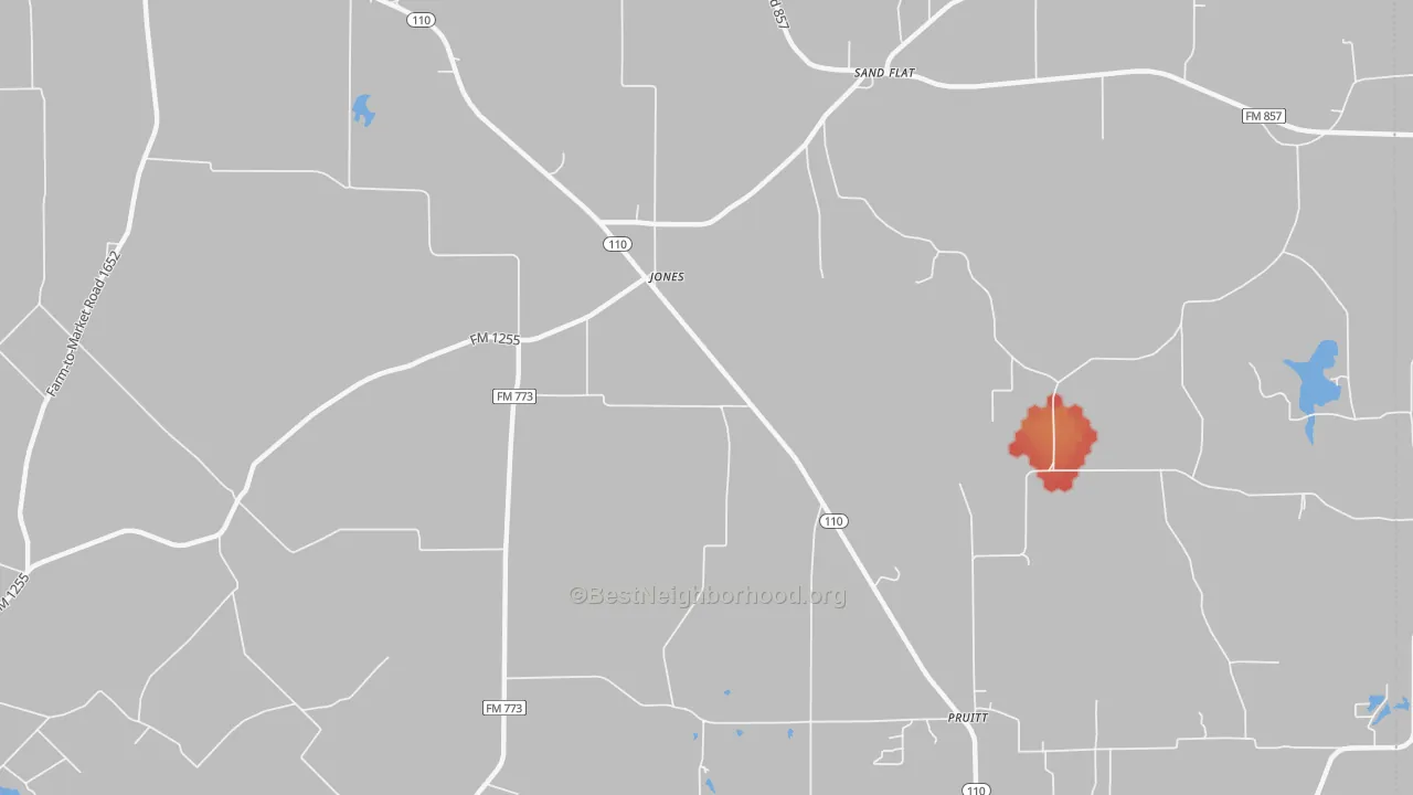 Walk Grade map of Jones, TX, walkable areas in green and car-dependent areas in red
