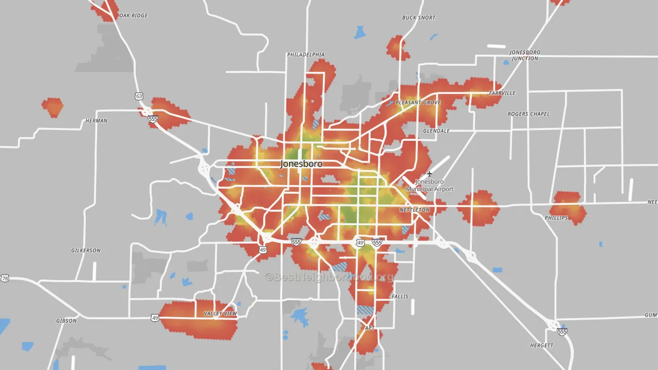 Walk Grade map of Jonesboro, AR, walkable areas in green and car-dependent areas in red