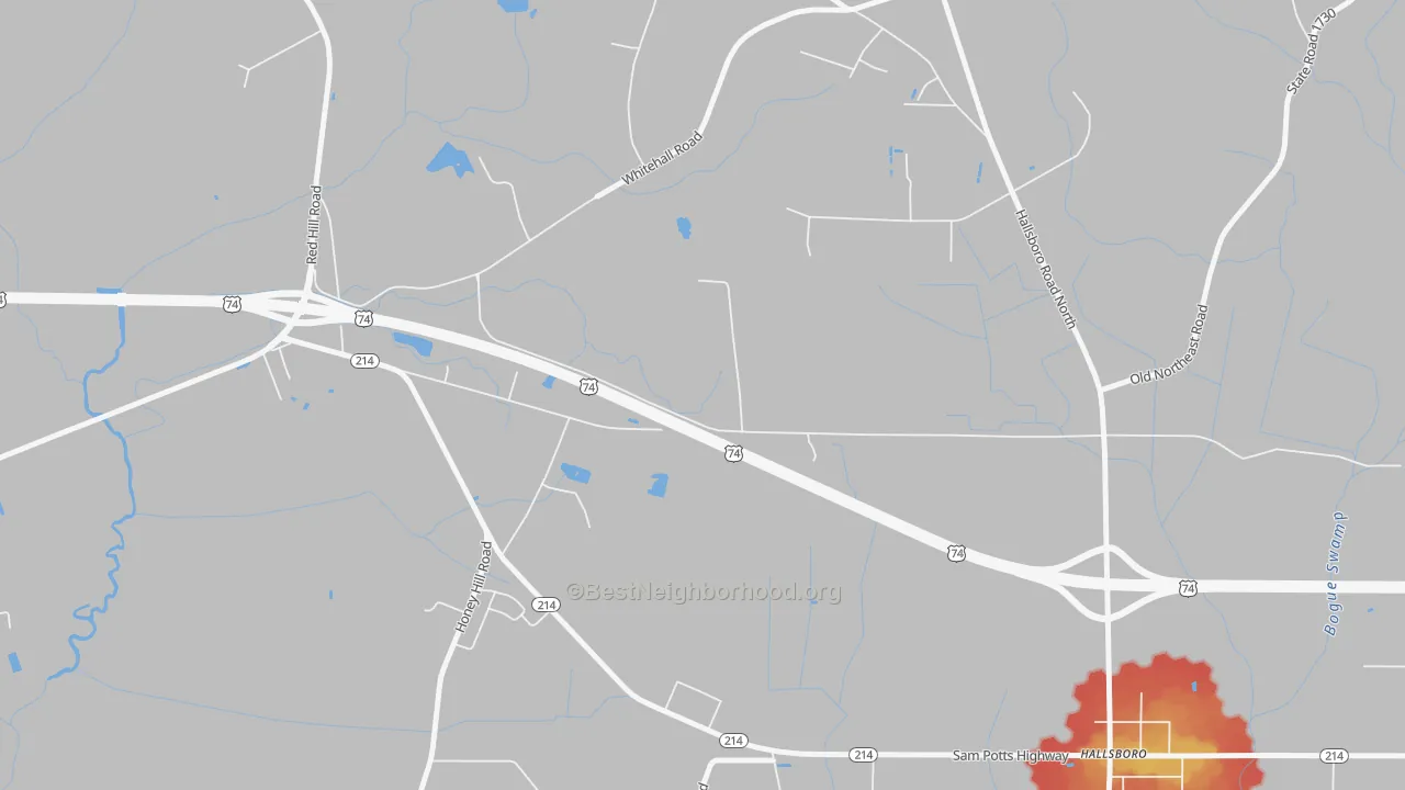 Walk Grade map of Jonesboro Crossing, NC, walkable areas in green and car-dependent areas in red