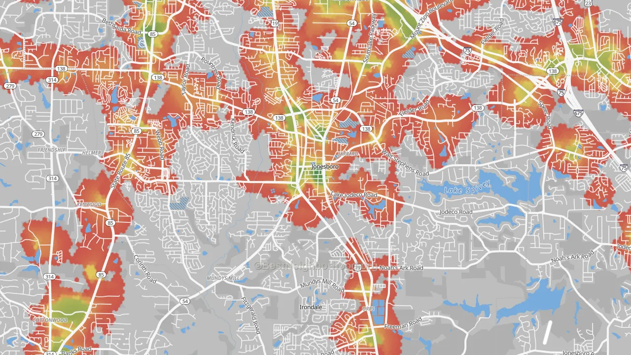 Walk Grade map of Jonesboro, GA, walkable areas in green and car-dependent areas in red