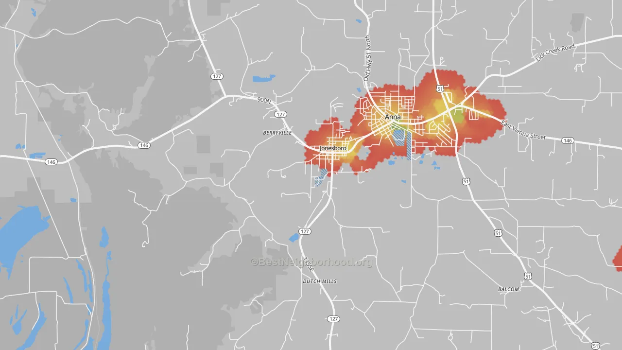 Walk Grade map of Jonesboro, IL, walkable areas in green and car-dependent areas in red