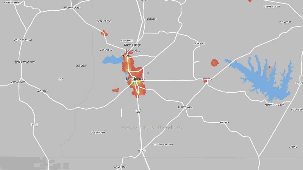 Walk Grade map of Jonesboro, LA, walkable areas in green and car-dependent areas in red