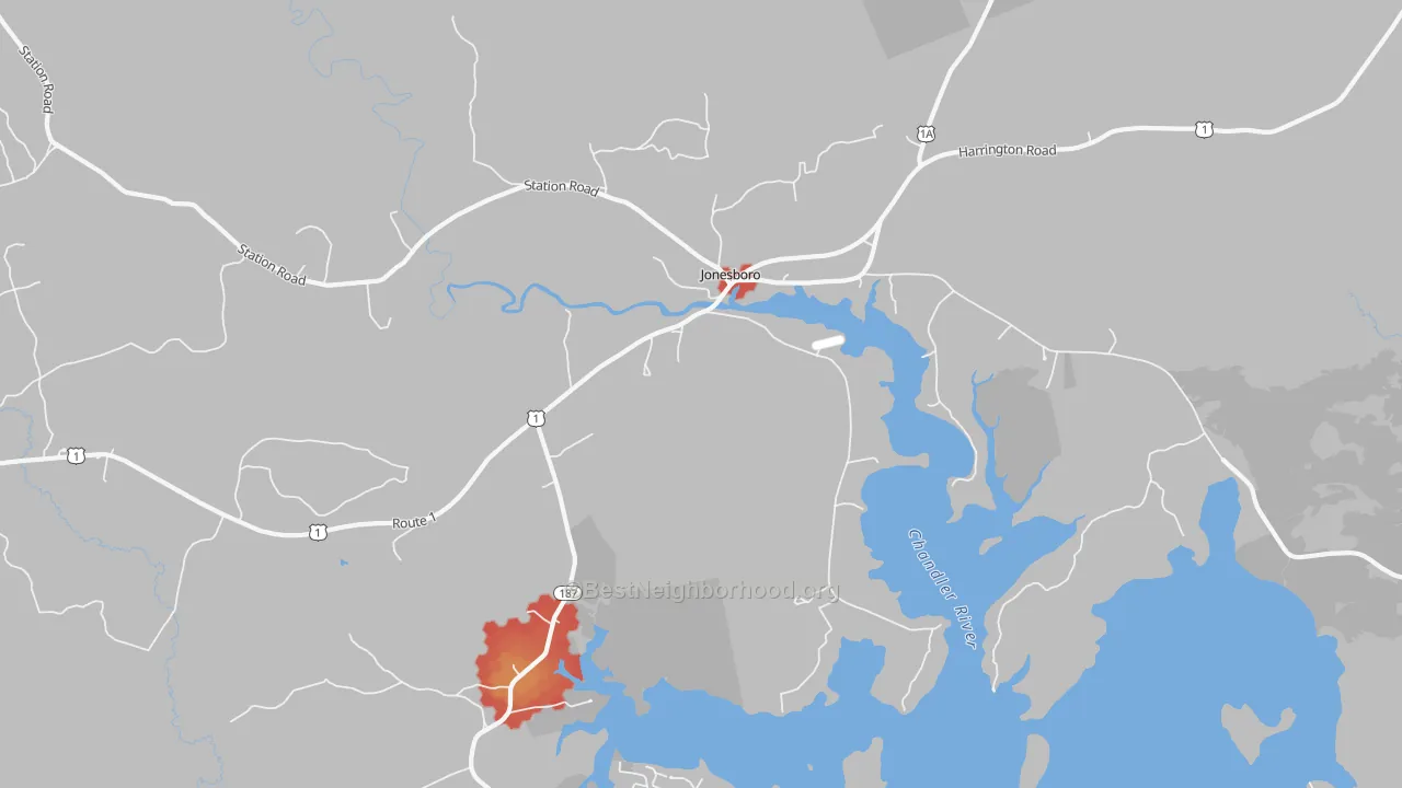 Walk Grade map of Jonesboro, ME, walkable areas in green and car-dependent areas in red