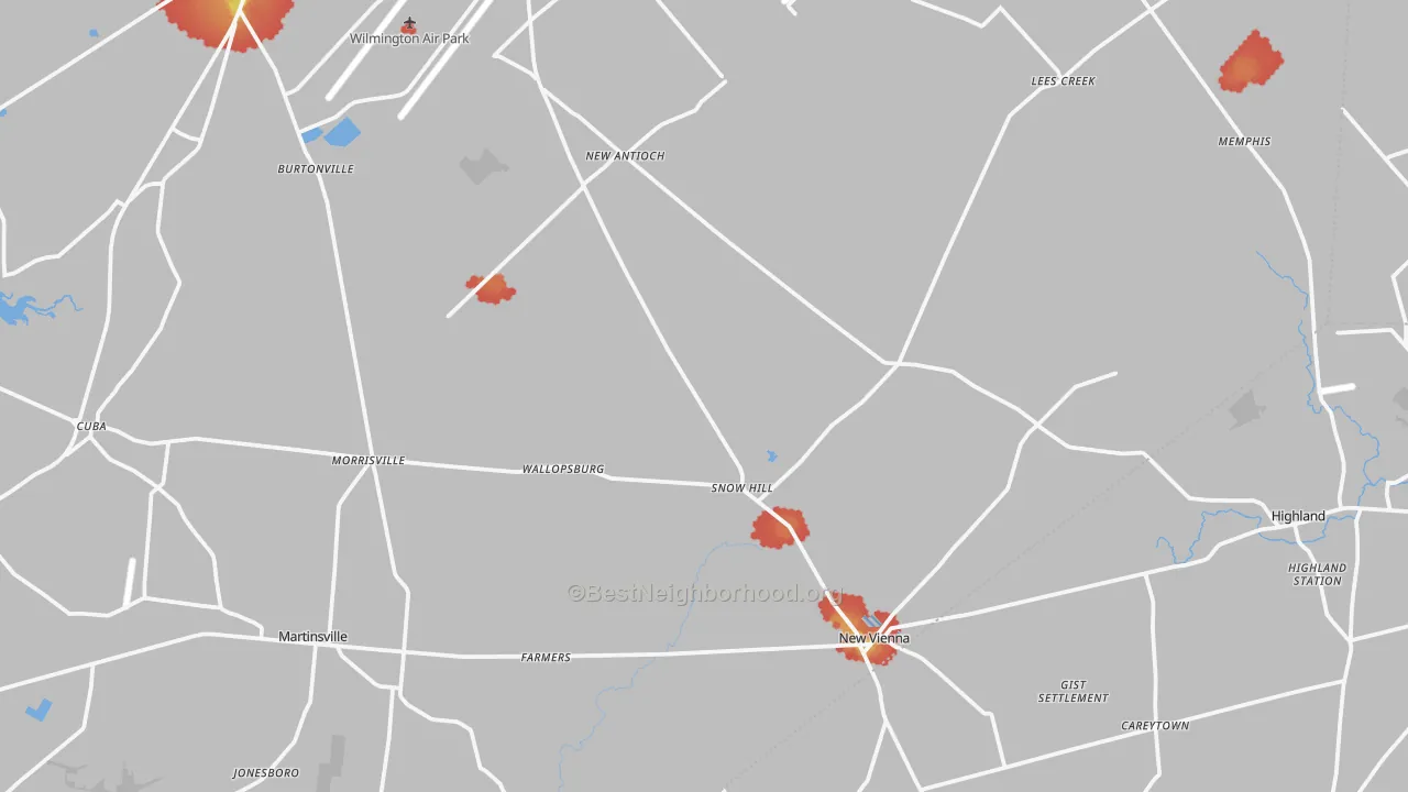 Walk Grade map of Jonesboro, OH, walkable areas in green and car-dependent areas in red