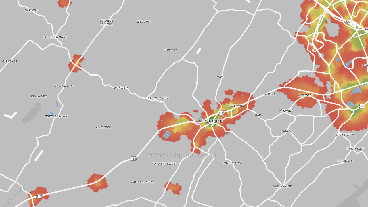 Walk Grade map of Jonesborough, TN, walkable areas in green and car-dependent areas in red