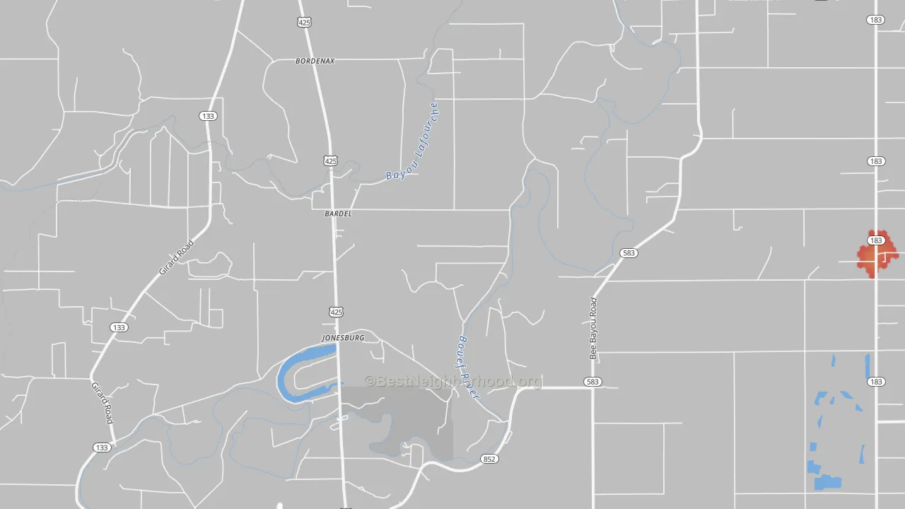 Walk Grade map of Jonesburg, LA, walkable areas in green and car-dependent areas in red