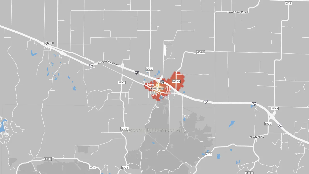 Walk Grade map of Jonesburg, MO, walkable areas in green and car-dependent areas in red