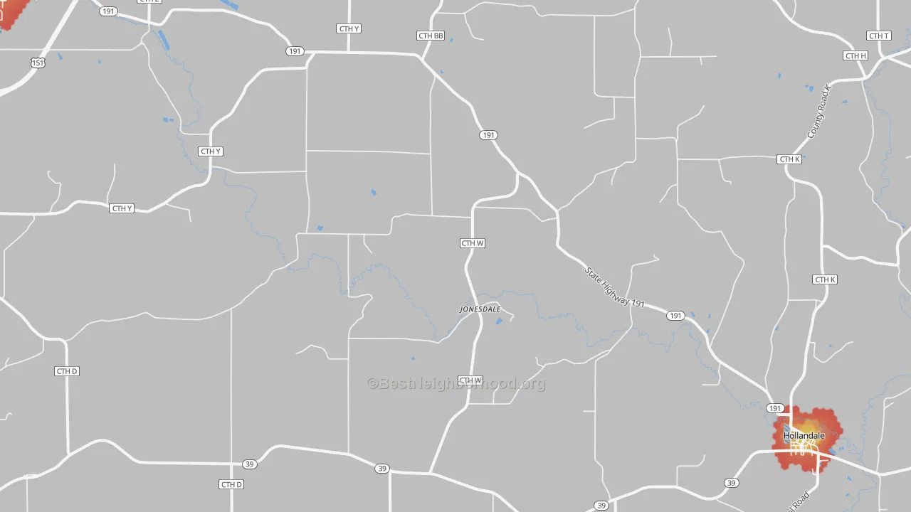 Walk Grade map of Jonesdale, WI, walkable areas in green and car-dependent areas in red