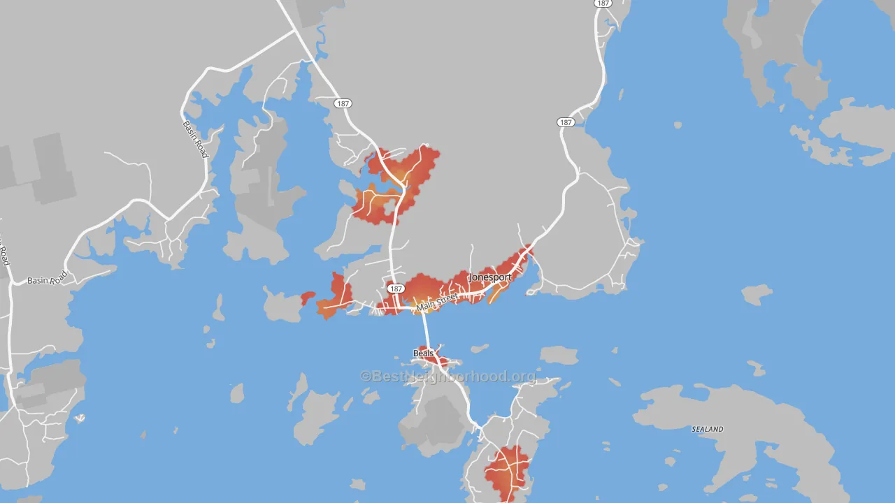 Walk Grade map of Jonesport, ME, walkable areas in green and car-dependent areas in red