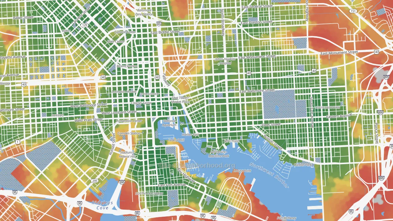 Walk Grade map of Jonestown, Baltimore, MD, walkable areas in green and car-dependent areas in red
