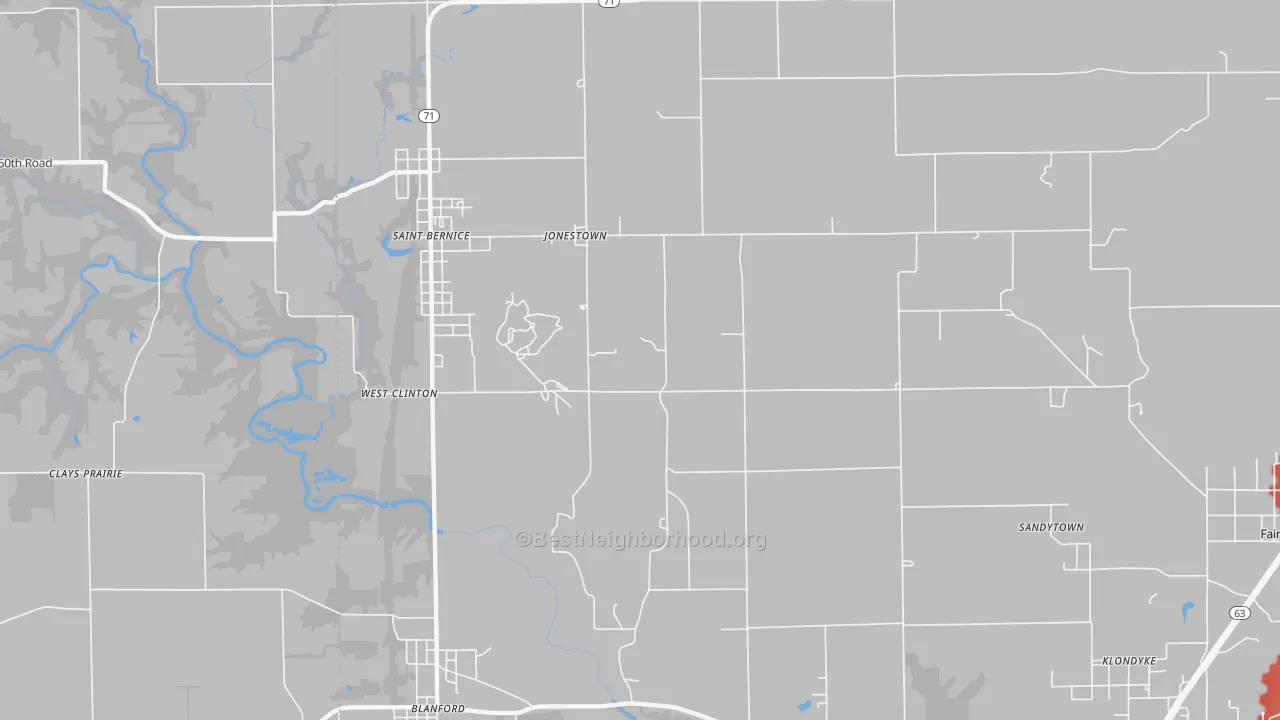 Walk Grade map of Jonestown, IN, walkable areas in green and car-dependent areas in red