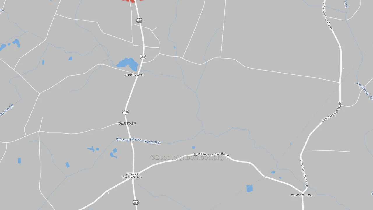 Walk Grade map of Jonestown, NC, walkable areas in green and car-dependent areas in red