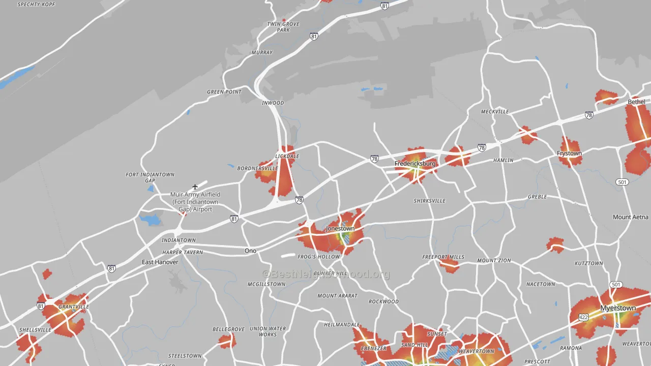 Walk Grade map of Jonestown, PA, walkable areas in green and car-dependent areas in red