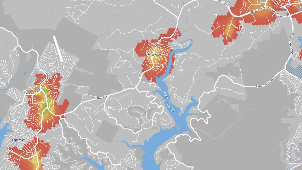 Walk Grade map of Jonestown, TX, walkable areas in green and car-dependent areas in red
