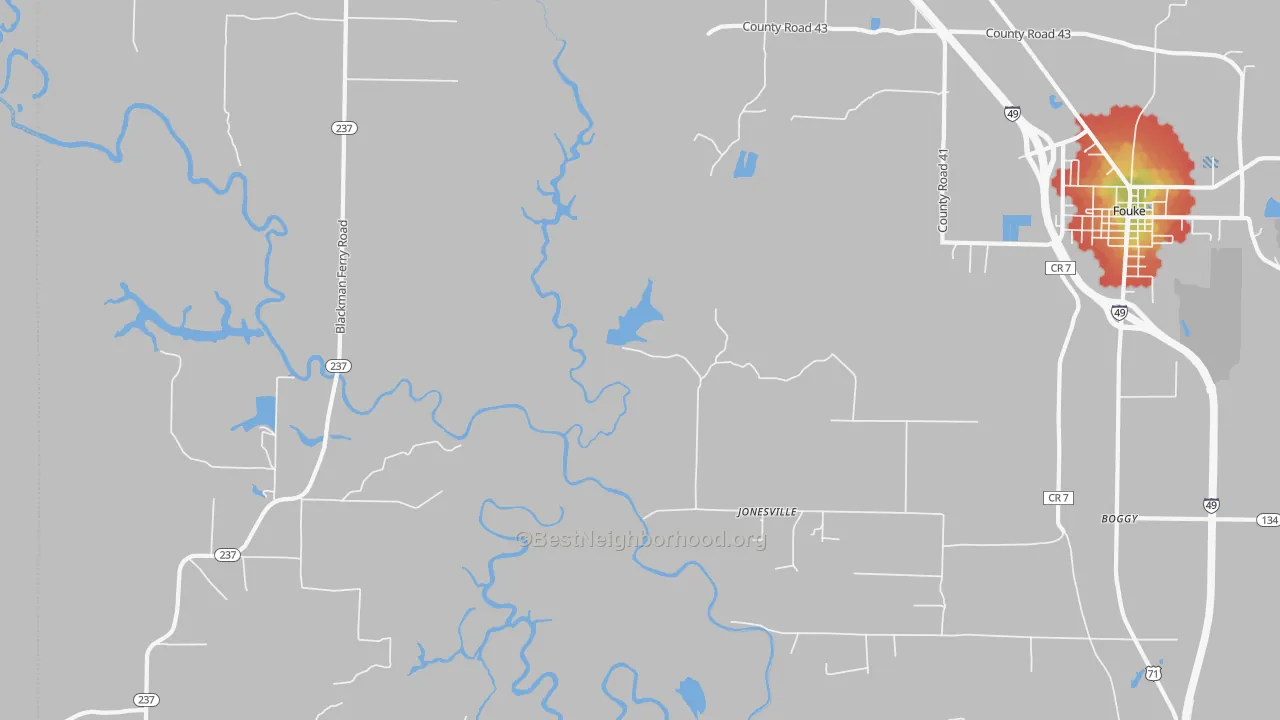 Walk Grade map of Jonesville, AR, walkable areas in green and car-dependent areas in red