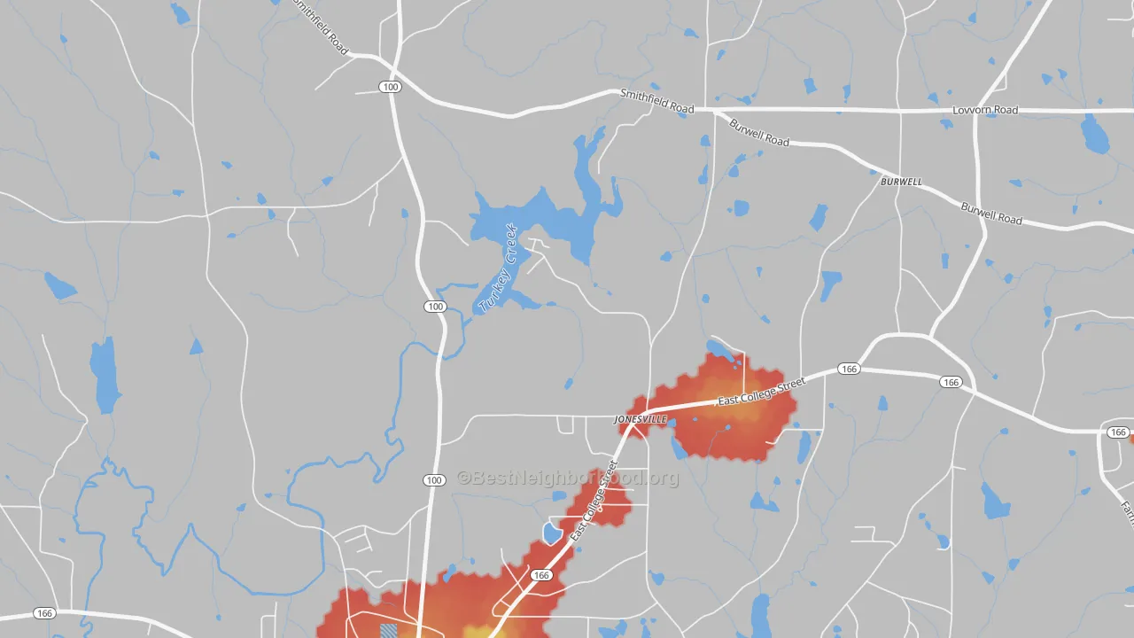 Walk Grade map of Jonesville, GA, walkable areas in green and car-dependent areas in red