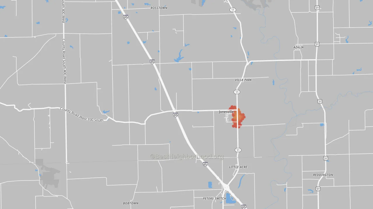 Walk Grade map of Jonesville, IN, walkable areas in green and car-dependent areas in red