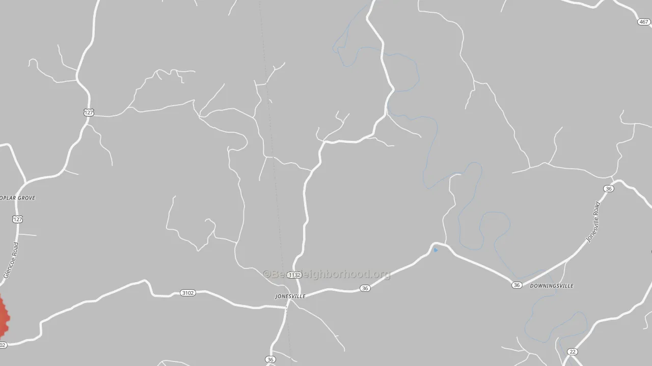 Walk Grade map of Jonesville, KY, walkable areas in green and car-dependent areas in red