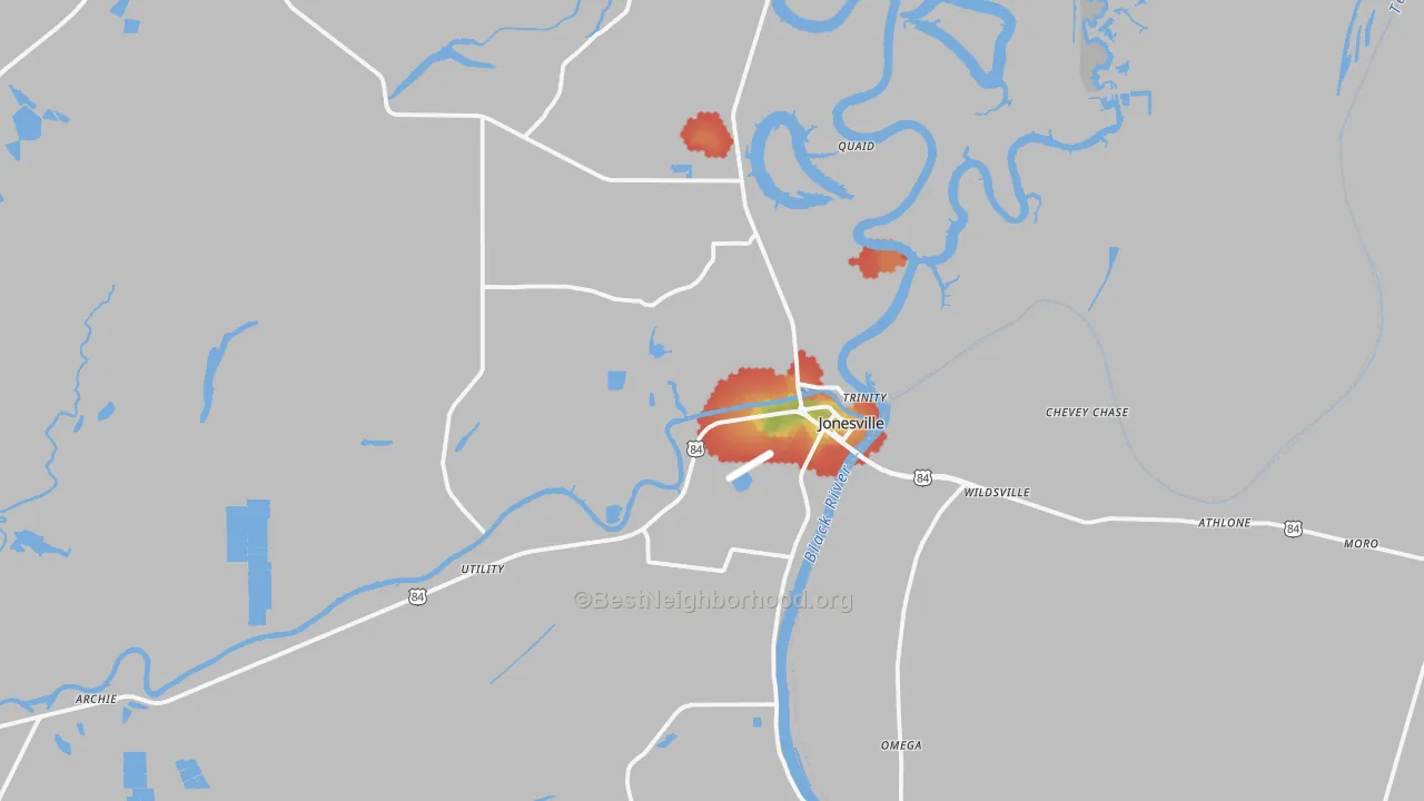 Walk Grade map of Jonesville, LA, walkable areas in green and car-dependent areas in red
