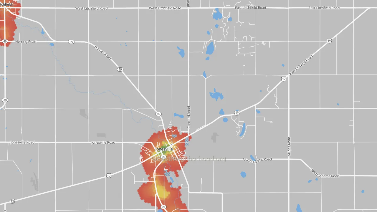 Walk Grade map of Jonesville, MI, walkable areas in green and car-dependent areas in red