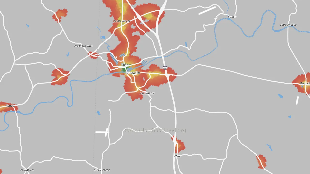 Walk Grade map of Jonesville, NC, walkable areas in green and car-dependent areas in red