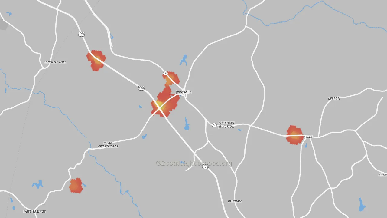 Walk Grade map of Jonesville, SC, walkable areas in green and car-dependent areas in red