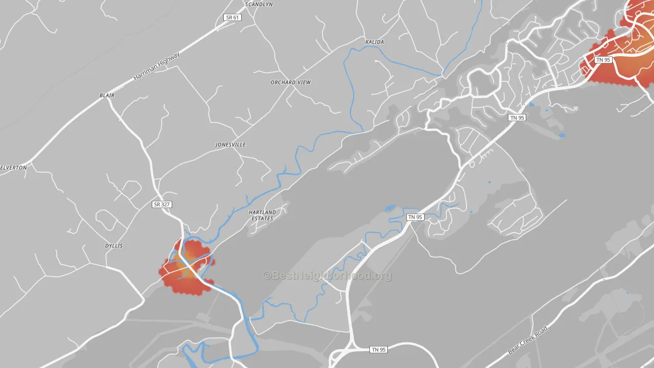 Walk Grade map of Jonesville, TN, walkable areas in green and car-dependent areas in red
